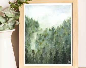 May include: A watercolor painting of a misty forest with green trees. The painting is framed in a light wood frame.