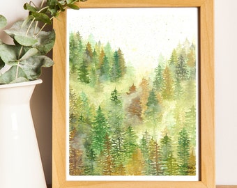 May include: A watercolor painting of a forest scene with green and brown trees. The trees are painted in a loose style, with a lot of white space between them. The painting is framed in a light wood frame.