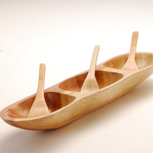 Handmade Wood 3 Section Salsa Holder with Serving Spoons