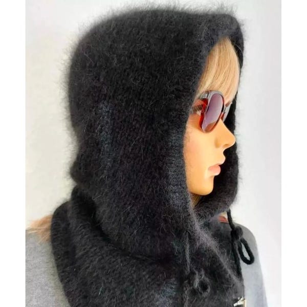 Hand knitted Angora Hood with ties, Handmade Angora Bonnets, Knitted Angora Winter Hood, Beanie Hats, Christmas gifts, Gifts mom and her