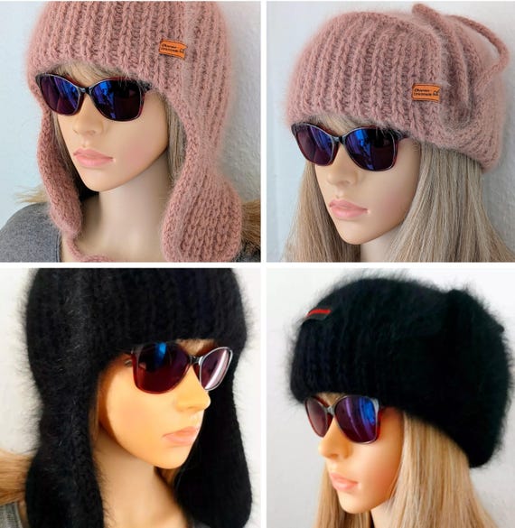 Bonnet Aviateur En Angora Tricoté Main - Couleur Beige, Taille Unique, Fabrication Allemande, Neuf Avec étiquettes