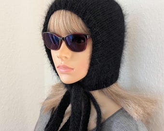 Hand knitted Aviator bonnet, Knitted Angora hood with ties, Knitted Angora Womens Bonnet, Knitted wool hat, Christmas gift, Gifts mom & her