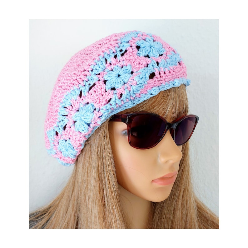 Lace Beret from cotton Summer Beret Summer Hat Crochet Pink