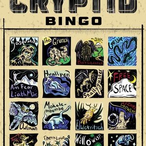 Puede incluir: Una tarjeta de bingo de estilo vintage con ilustraciones de varias criaturas críptidas, incluyendo el Sasquatch, el Grunch, el Batsquatch, el Cressie, el Am Fear Liath Mor, el Huallpen, el Snailygaster, el Owlman, el Mokele-mbembe, el Elwetritsch, el Ozark Howler, el Jersey Devil, el monstruo del lago Theris, el Will-o'-Wisp y el Grootslang. La tarjeta tiene un espacio libre en el centro.