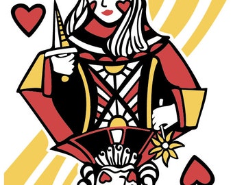 May include: A playing card depicting the Queen of Hearts. The queen is holding a dagger in her right hand and a flower in her left hand. The card is decorated with a red heart and a yellow and red crown.