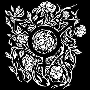 May include: Black and white illustration of a gender symbol surrounded by stylized roses and vines.