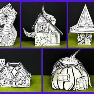 Puede incluir: Cinco casas de papel en blanco y negro con diseños únicos. Cada casa tiene una forma diferente y elementos decorativos, incluyendo ventanas, puertas y patrones abstractos. Las casas se muestran sobre un fondo negro.