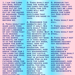 Puede incluir: Una imagen vertical muestra el texto "Los Diez Mandamientos" en una fuente decorativa. El texto está dividido en secciones numeradas, cada una detallando un mandamiento de la versión King James de la Biblia.