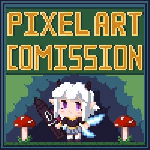 Pode incluir: Um gráfico em pixel art com o texto PIXEL ART COMISSION em letras amarelas sobre um fundo verde escuro. Abaixo, uma personagem de cabelos brancos com pequenos chifres e asas azuis está entre dois cogumelos vermelhos num bosque.