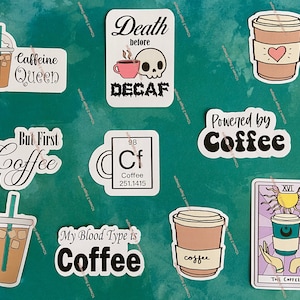 Lot de 10 autocollants pour café ou individuels, autocollants pour journal et agenda, carte de tarot café, élément café, mort avant le décaféiné