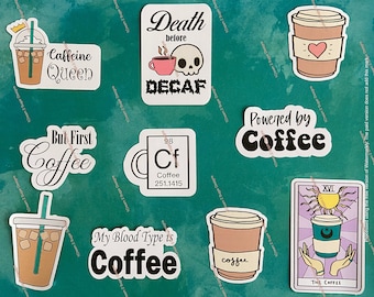 Coffee sticker bundle set of 10 or individual, journal and planner stickers, Coffee Tarot Card, Coffee Element, Death before Decaf
