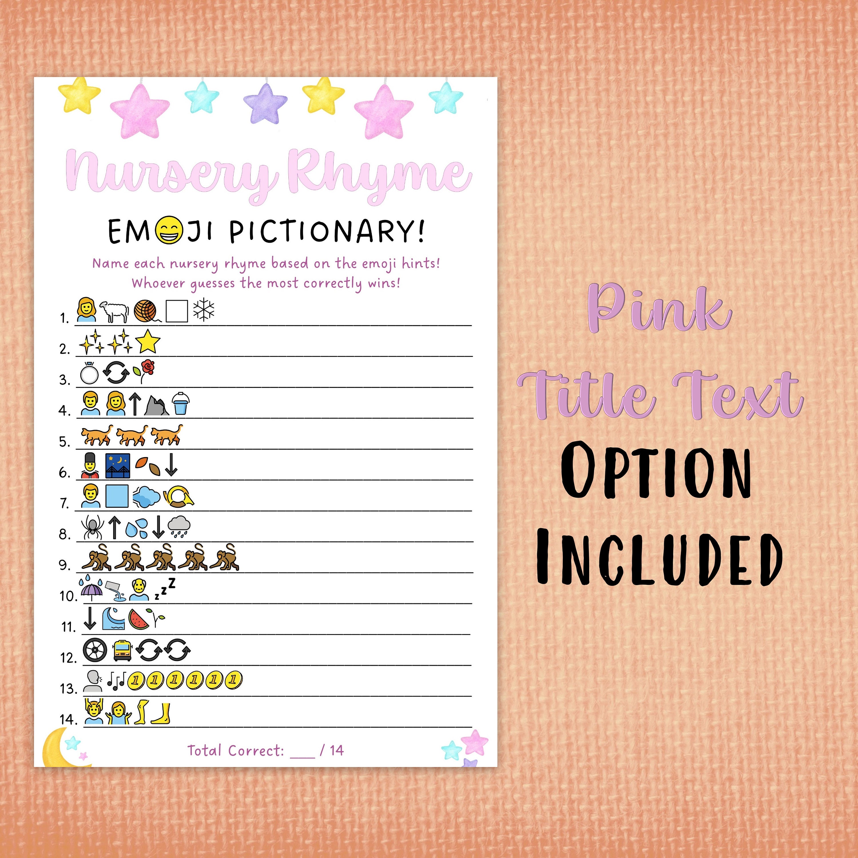 Nursery Rhyme emoji Pictionary Baby Shower Game Twinkle Star Mobile ...