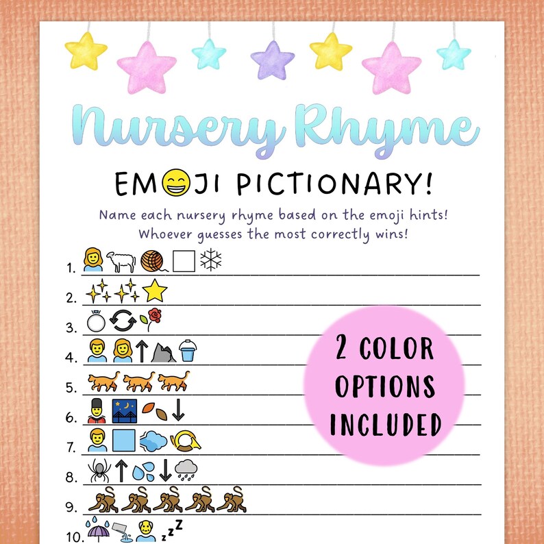 Nursery Rhyme emoji Pictionary Baby Shower Game Twinkle Star Mobile ...