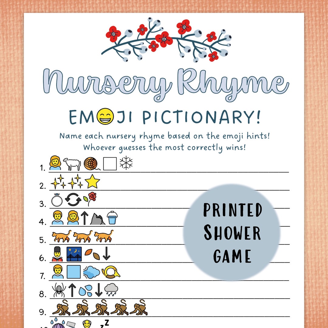 PRINTED Nursery Rhyme emoji Pictionary Baby Shower Game - Etsy