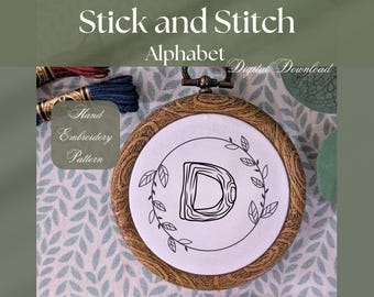 Alfabeto de bordado a mano con bordes de hojas: descarga imprimible para pegar y coser