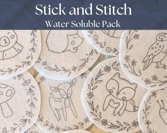 Criaturas del bosque en una corona floral: Patrón de bordado a mano Stick and Stitch. Juego de 11 patrones de bordado en bastidor solubles en agua.