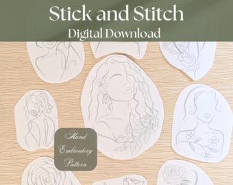 Retrato floral femenino con puntada de palo y puntada, patrón de bordado a mano con descarga digital