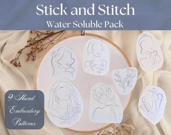 Patrón de bordado a mano con puntada y palo de retrato femenino floral: conjunto de 9 patrones