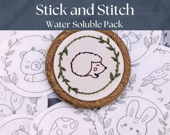 Patrón de bordado a mano "Animales del bosque" con puntada y varilla: juego de 12 patrones solubles en agua para bordado en bastidor.