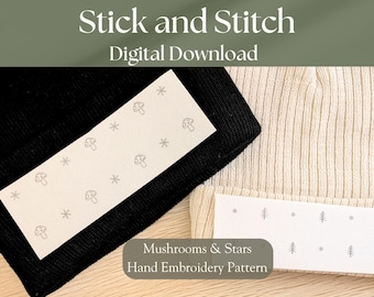 Patrón de gorros bordados a mano con forma de hongo, estrellas y ramitas: Descargas imprimibles con puntadas adhesivas