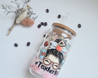 Glasbecher mit Strohhal |Teeglas mit Bambusdeckel & Strohhalm | Geschenk für Lehrerin | Modern Glas für heiße und kalte Getränke