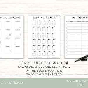 May include: Printable book journal tracker with three sections: Book of the Month, 30 Day Challenge, and Reading Log. Each section has a grid of boxes for tracking books read throughout the year.