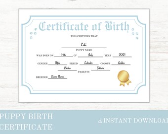 Puppy Birth Certificate Template, Editable Certificate, Puppy Adoption, Puppy Printable, Puppy Information, Editable Dog Certification