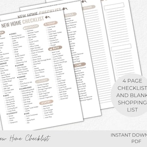 May include: A printable checklist for new homeowners. The checklist is divided into categories such as kitchen, bedroom, bathroom, closet, and entry. The checklist includes items such as appliances, utensils, furniture, and toiletries. The checklist also includes a blank shopping list.