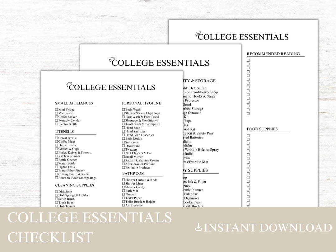 College Essentials Checklist, Freshmen Movein Prep, Printable Dorm