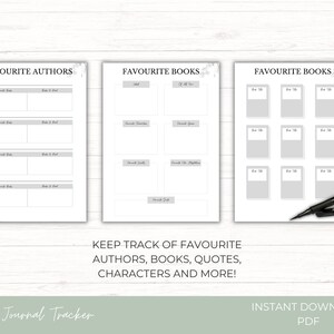 May include: Printable book journal tracker with sections for favorite authors, books, and quotes. The printable is in black and white with a gray background and a floral design.