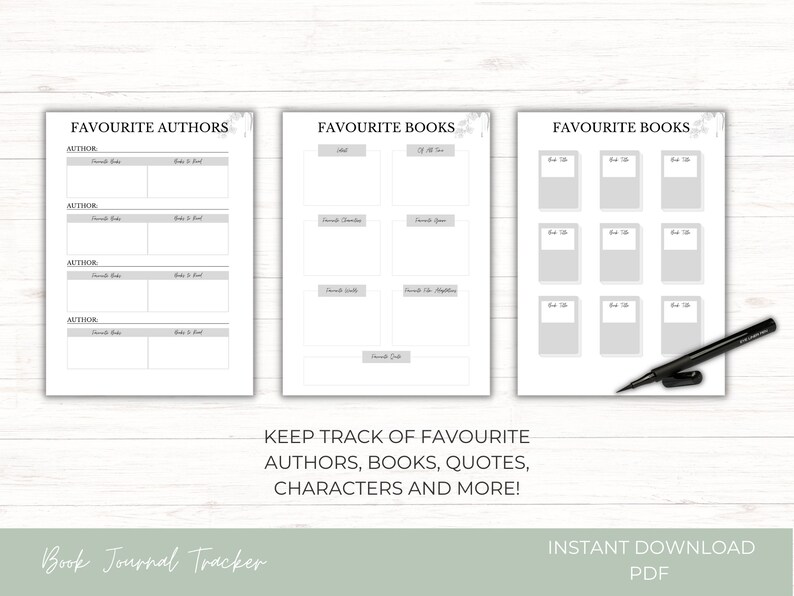 May include: Printable book journal tracker with sections for favorite authors, books, and quotes. The printable is in black and white with a gray background and a floral design.