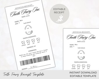 Tooth Fairy Receipt Template, Receipt Template, Tooth Fairy Letter, Printable Receipt Template, First Tooth, Tooth Certificate, Tooth Chart