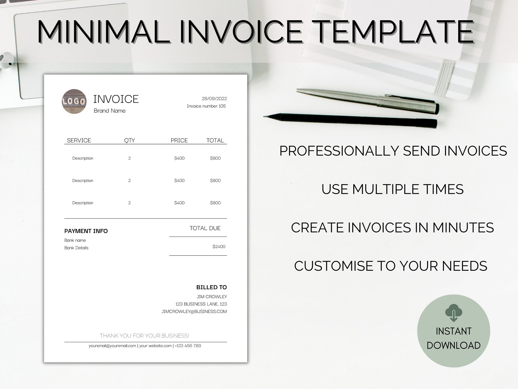 Simple Invoice Template, Professional Business Invoice, Printable