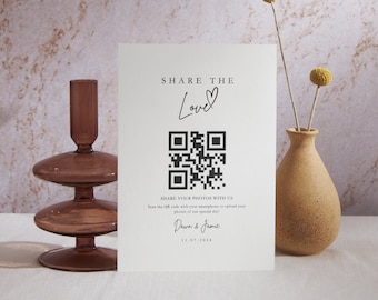 Modern Share the Love Wedding QR Code Sign Template, Capture the Love, Wedding Sign, Printable Wedding Sign, QR Code Template, Wedding Photo