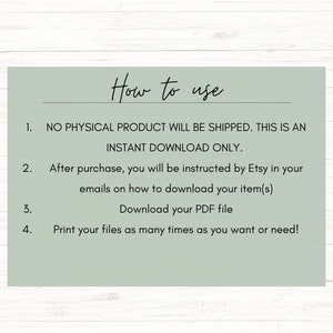 May include: A green card with white text explaining how to use a digital download. The text reads "How to use" and includes instructions for downloading and printing the digital file.
