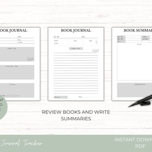 May include: Three printable book journal pages with different layouts. The first page has space for book title, author, genre, date started, date finished, thoughts and feelings, overall rating, and a place to write a summary. The second page has space for book title, author, genre, date started, date finished, and a large space for notes. The third page has space for book title, author, genre, date started, date finished, and a large space for a summary. The text at the bottom of the image reads "Different styles to choose from!" and "Review books and write summaries".