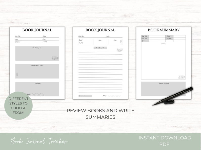 May include: Three printable book journal pages with different layouts. The first page has space for book title, author, genre, date started, date finished, thoughts and feelings, overall rating, and a place to write a summary. The second page has space for book title, author, genre, date started, date finished, and a large space for notes. The third page has space for book title, author, genre, date started, date finished, and a large space for a summary. The text at the bottom of the image reads "Different styles to choose from!" and "Review books and write summaries".