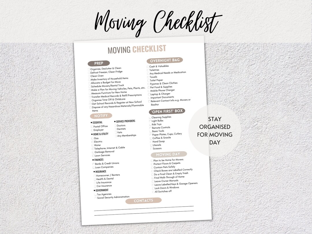 Moving Checklist, Moving Checklist Printable, New Home Checklist ...