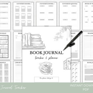 May include: A printable book journal tracker and planner with a black and white illustration of a stack of books. The journal includes pages for favorite authors, books, quotes, a reading log, and more. The text "Book Journal tracker & planner" is printed on the cover.