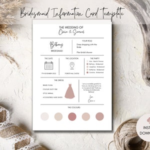 Bridesmaid Info Card Template, Bridal Party Info Card,Bridesmaid Information Card,Maid of Honour Card,Bridesmaid Proposal, Wedding Info Card