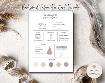 Bridesmaid Info Card Template, Bridal Party Info Card,Bridesmaid Information Card,Maid of Honour Card,Bridesmaid Proposal, Wedding Info Card