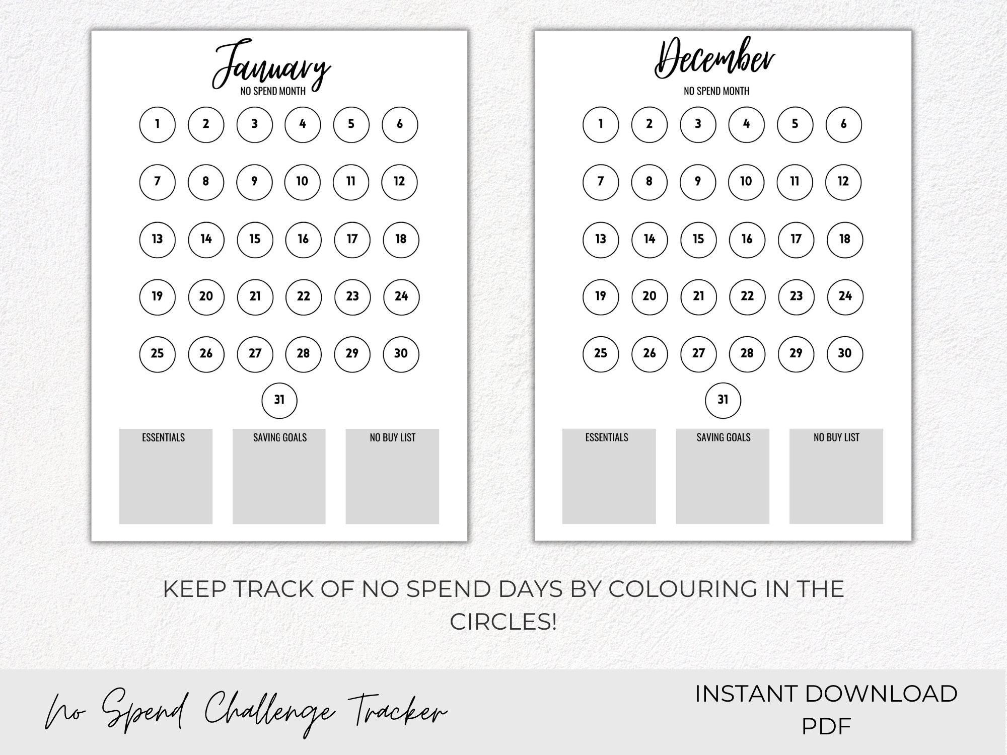 No Spend Challenge, No Spend Calendar Tracker, No Spend Month, No Spend