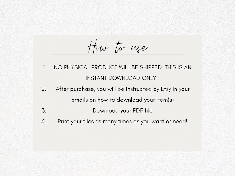 May include: How to use: No physical product will be shipped. This is an instant download only. After purchase, you will be instructed by Etsy in your emails on how to download your item(s). Download your PDF file. Print your files as many times as you want or need!