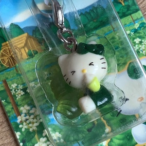 Peut inclure: Un charme Hello Kitty vert avec un visage blanc et des yeux noirs. Le charme est attaché à une chaîne argentée et est emballé dans un boîtier en plastique transparent avec un fond vert et blanc.