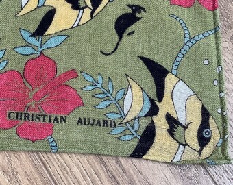 foulard vintage Christian Aujard en gaze, mouchoir motif poissons tropicaux