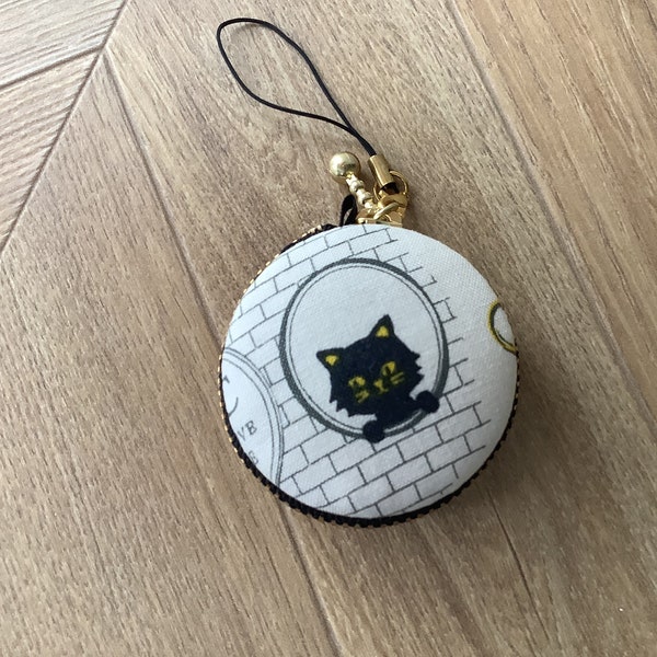 Boîte à bijoux portative en forme de macaron, étui à bijoux, étui à monnaie - chat noir