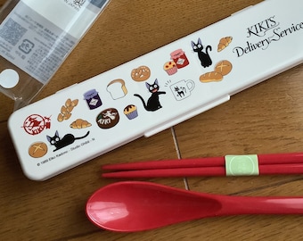 Jiji, Kiki's Delivery Service portable 18 cm chopsticks and spoon in box, lunchbox cutlery set, Studio Ghibli