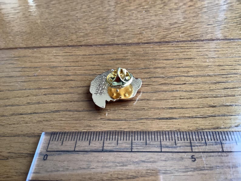 May include: A gold-toned metal lapel pin shown from the back, featuring a butterfly clutch fastener. The pin is positioned next to a clear plastic ruler that shows a measurement of approximately 1.5 inches in width for the pin's base.
