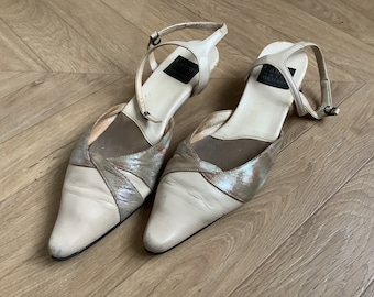 Vintage Japanese Mules, Slingbacks, White Leather Pumps Shoes, Made in Japan, Size 25 cm, 9 (US), 39,5 (EU)