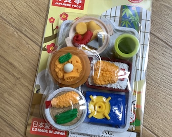 Gommes en forme de nourriture japonaise sur plateau, gommes à effacer amusantes, fabriquées au Japon